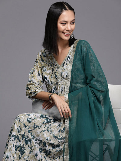 Indyancart VA Women'sBeige Abstract Printed Empire Thread Work Silk Georgette Kurta & Trouser & Dupatta