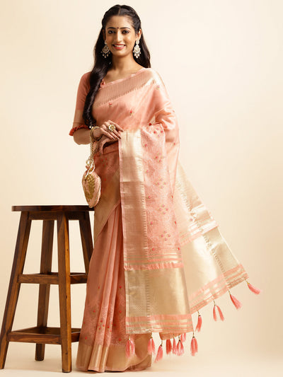 Indyancart GR Women's Savi Peach Cotton Khadi Silk Saree