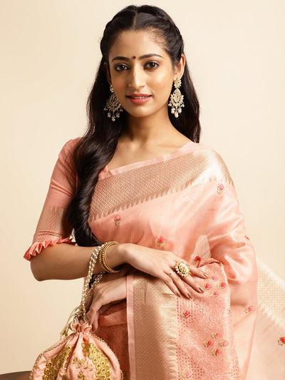 Indyancart GR Women's Savi Peach Cotton Khadi Silk Saree