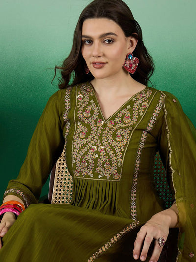 Indyancart SN Women's Green Yoke Design Thread Work Pleated A-line Kurta With Trouser & Dupatta