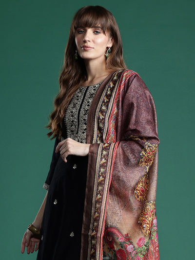 Indyancart IE Ethnic Motifs Zari Embroidered Liva Kurta With Trousers & Dupatta