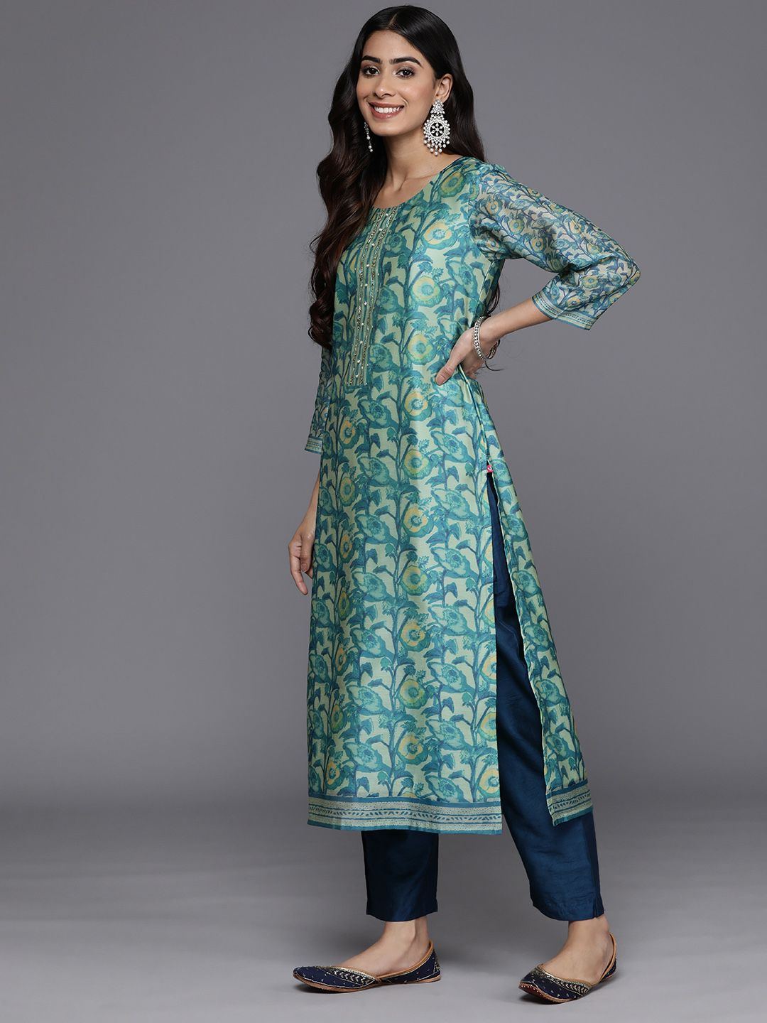 Dhiyona VA Women'sSea Green Floral Printed Hand work Kurta with Trousers & Dupatta
