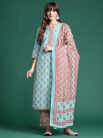 Indyancart IE Floral Printed Pure Cotton Kurta With Trousers & Dupatta
