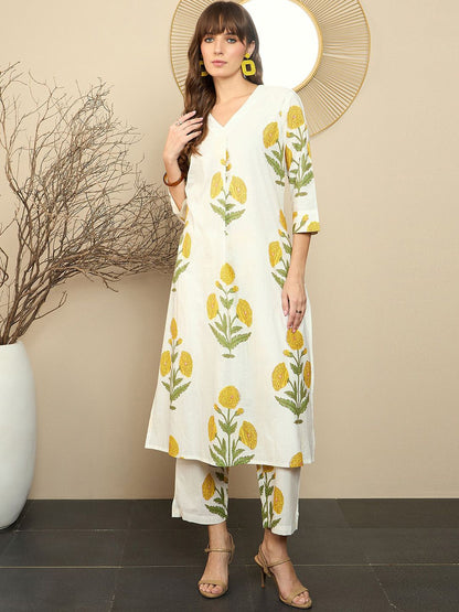 Dhiyona IE Floral Printed V-Neck Pure Cotton Tunic With Trouser