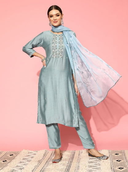 Indyancart VA Women'sFloral Embroidered Regular Beads & Stones Kurta with Trousers & Dupatta