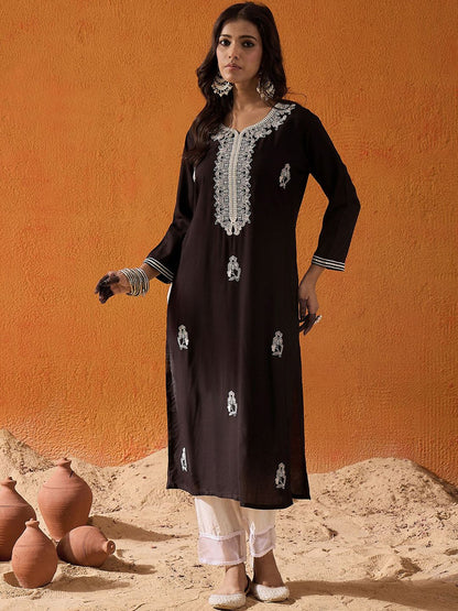 Indyancart IE Ethnic Motifs Embroidered Straight Kurta