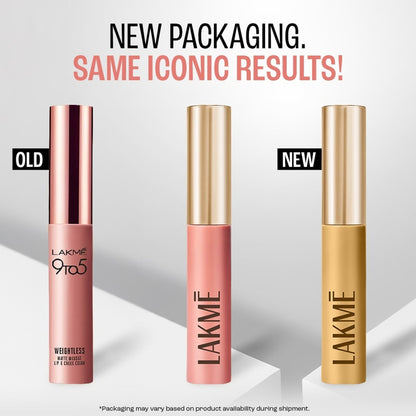 Lakme Double Duty Lip & Cheek Mousse in Nude Cushion with matte lipstick and soft blush shades displayed on model.