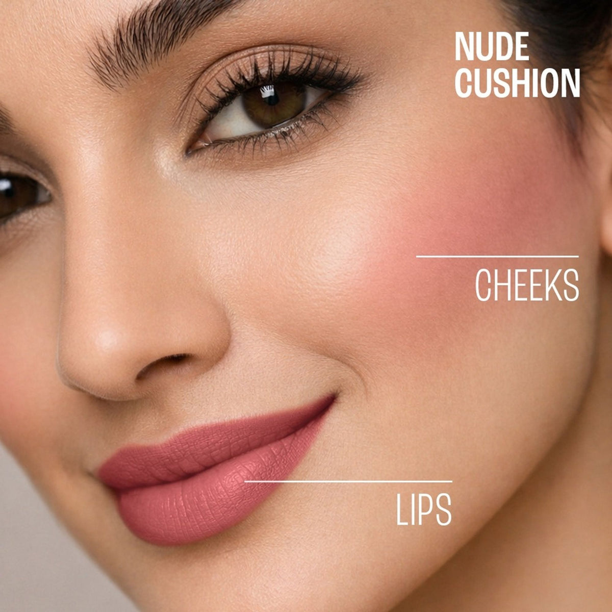 Lakme Double Duty Lip & Cheek Mousse in Nude Cushion, showcasing the matte lipstick and soft blush product on a neutral background.