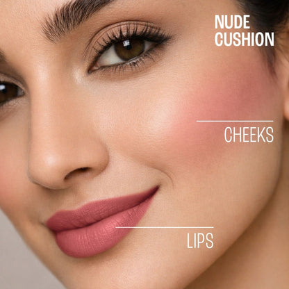 Lakme Double Duty Lip & Cheek Mousse in Nude Cushion, showcasing the matte lipstick and soft blush product on a neutral background.