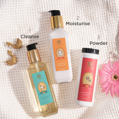 Forest Essentials Baby Body Powder Dasapushpadi, natural talc-free baby powder with floral scent, gentle and safe for delicate skin.