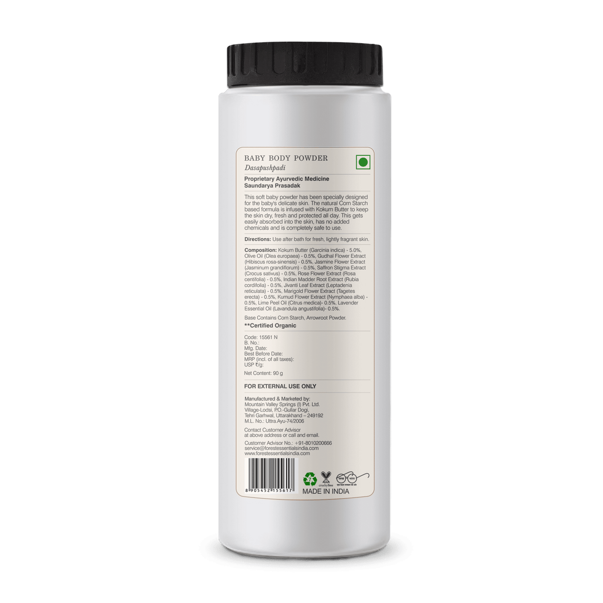 Forest Essentials Dasapushpadi baby body powder in a natural, talc-free formula with floral ingredients for gentle skincare