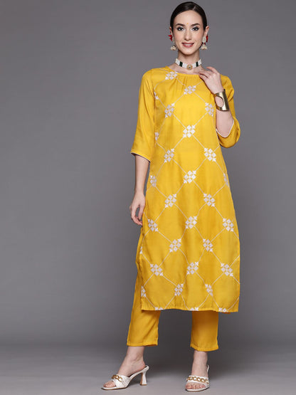 Women Mustard Yellow & White Embroidered Sequinned Kurta with Trousers