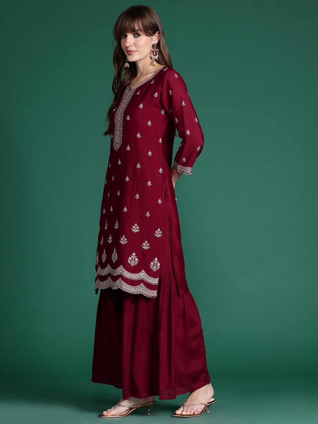 Indyancart IE Ethnic Motifs Embroidered Kurta with Sharara & Dupatta