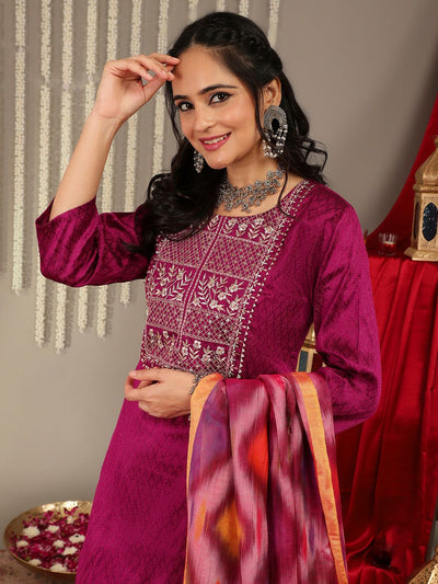 Indyancart VA Women'sEthnic Motifs Woven Design Regular Zari Work Kurta With Trousers & Dupatta