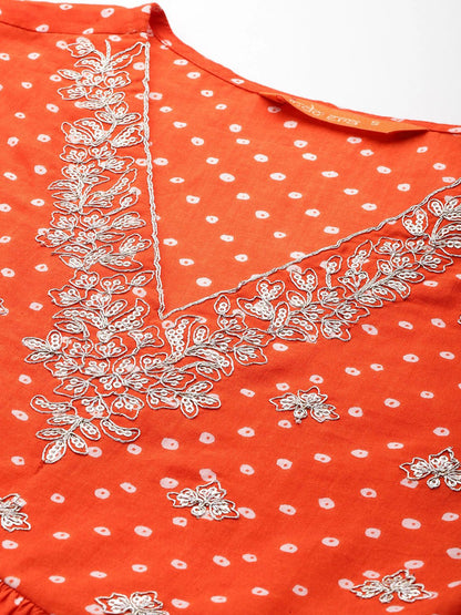Dhiyona IE Bandhani Embroidered Empire Pure Cotton Kurta with Trousers
