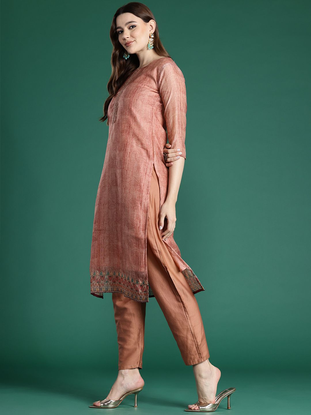Indyancart IE Ethnic Motifs Printed Thread Work Chanderi Silk Kurta With Trousers & Dupatta