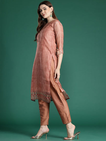 Indyancart IE Ethnic Motifs Printed Thread Work Chanderi Silk Kurta With Trousers & Dupatta