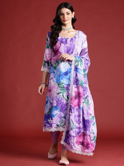 Dhiyona IE Floral Printed Thread Work Kurta with Trousers & Dupatta