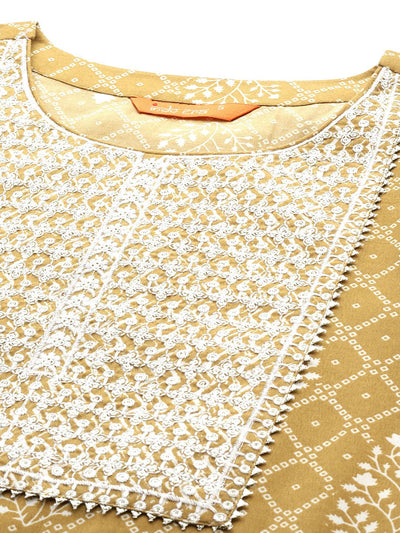 Dhiyona IE Bandhani Printed Regular Thread Work Pure Cotton Kurta With Trousers & Dupatta