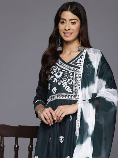 Indyancart VA Women's Floral Embroidered Angrakha Kurta with Trousers & With Dupatta