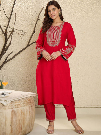 Dhiyona IE Floral Yoke Design Flared Sleeves Zari Straight Kurta With Trousers