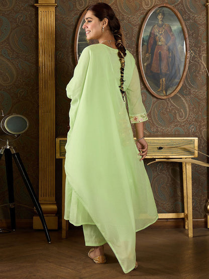 Indyancart IE Floral Embroidered Empire Thread Work Pure Cotton Kurta With Trousers & Dupatta