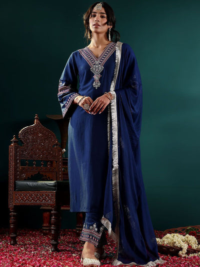 Indyancart VA Women's Ethnic Motifs Embroidered Kurta with Embroidered Trousers & With Dupatta