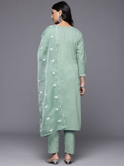Dhiyona VA Women'sFloral Embroidered Panelled Thread Work Pure Cotton Kurta With Trousers & Dupatta
