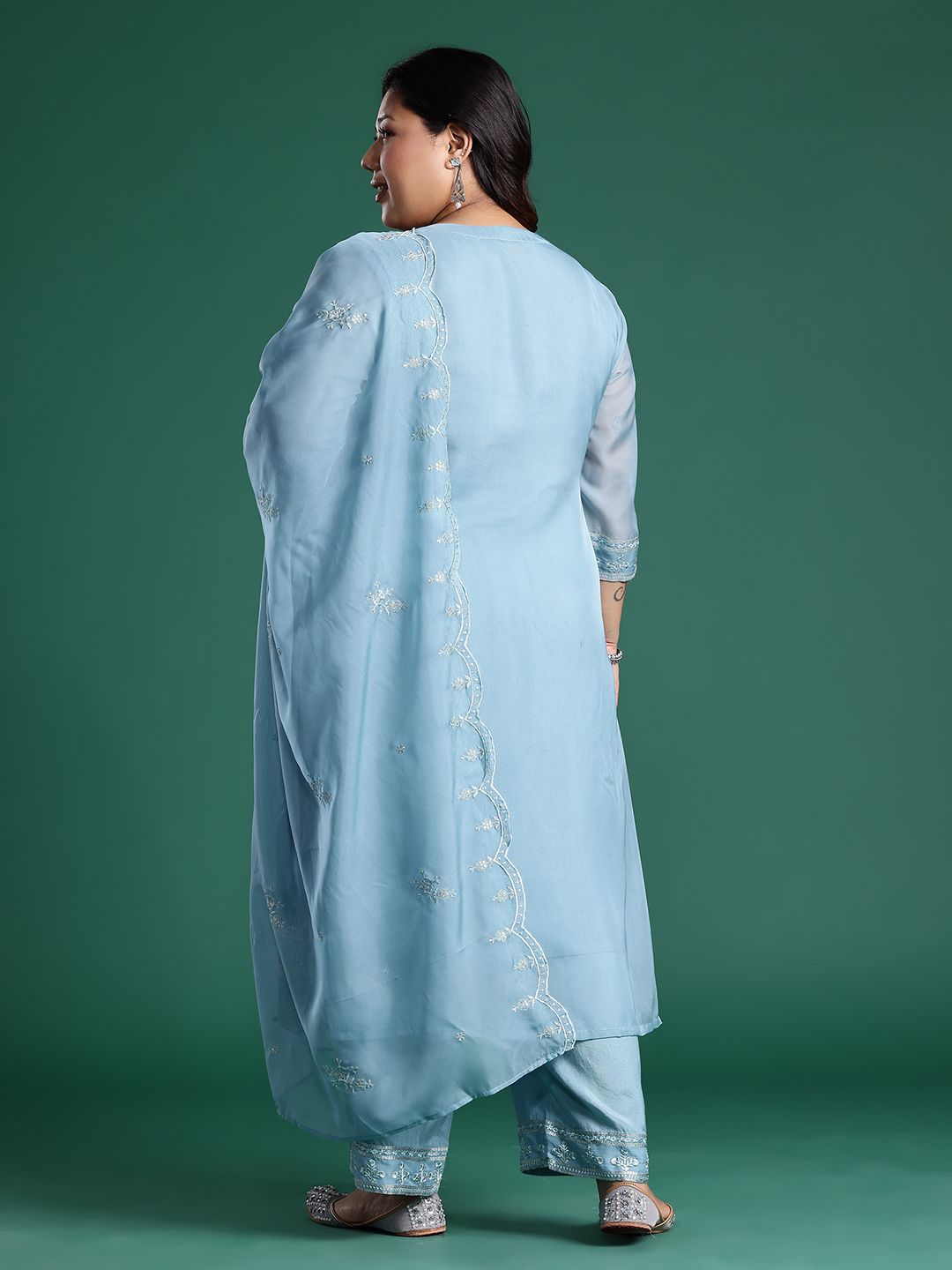 Indyancart Women's Embroidered Sequinned Kurta With Trousers & Dupatta