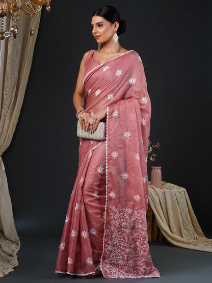 Women's Kota Doria Cotton Rust Embroidered Designer Saree With Blouse Piece