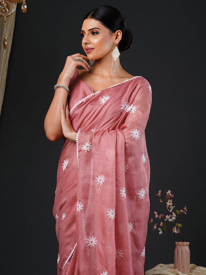Women's Kota Doria Cotton Rust Embroidered Designer Saree With Blouse Piece