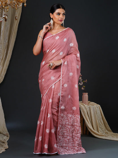 Women's Kota Doria Cotton Rust Embroidered Designer Saree With Blouse Piece