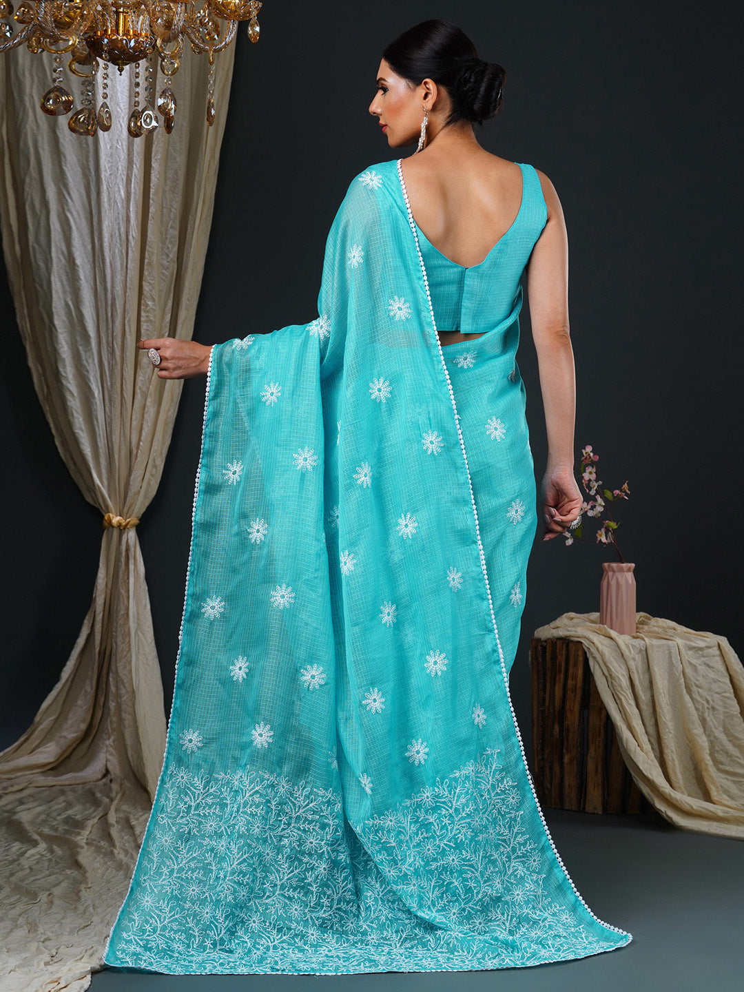 Women's Kota Doria Cotton Light Blue Embroidered Designer Saree With Blouse Piece