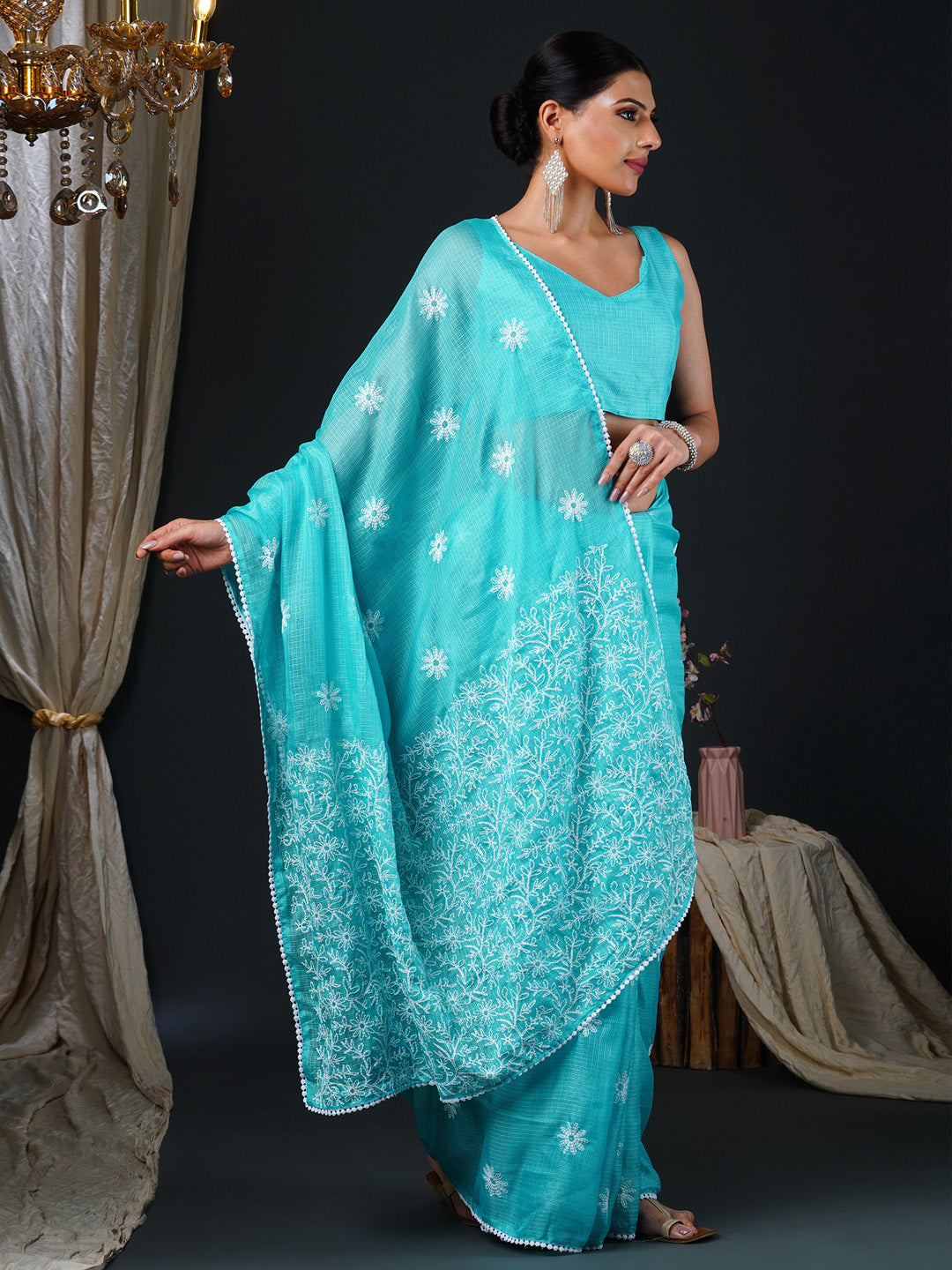Women's Kota Doria Cotton Light Blue Embroidered Designer Saree With Blouse Piece
