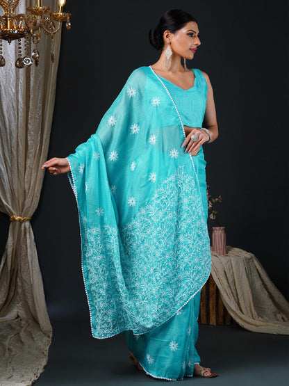 Women's Kota Doria Cotton Light Blue Embroidered Designer Saree With Blouse Piece