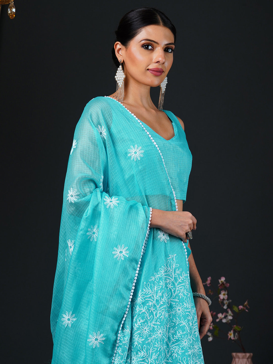 Women's Kota Doria Cotton Light Blue Embroidered Designer Saree With Blouse Piece