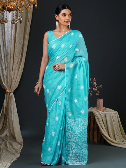 Women's Kota Doria Cotton Light Blue Embroidered Designer Saree With Blouse Piece
