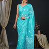 Women's Kota Doria Cotton Light Blue Embroidered Designer Saree With Blouse Piece