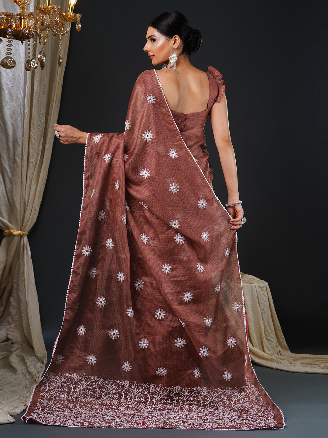 Women's Kota Doria Cotton Brown Embroidered Designer Saree With Blouse Piece