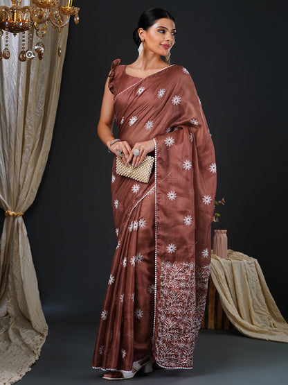 Women's Kota Doria Cotton Brown Embroidered Designer Saree With Blouse Piece