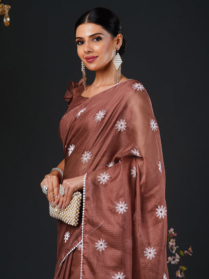 Women's Kota Doria Cotton Brown Embroidered Designer Saree With Blouse Piece