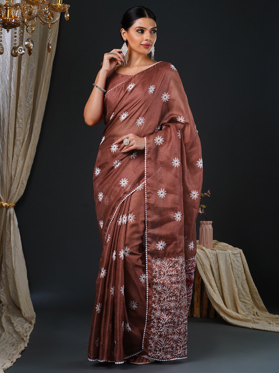 Women's Kota Doria Cotton Brown Embroidered Designer Saree With Blouse Piece