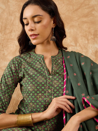 Dhiyona IE Floral Printed A-Line Sequinned Kurta with Trousers & Dupatta