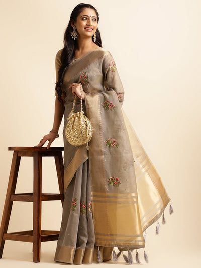 Indyancart GR Women's Kashmira Grey Cotton Silk Saree