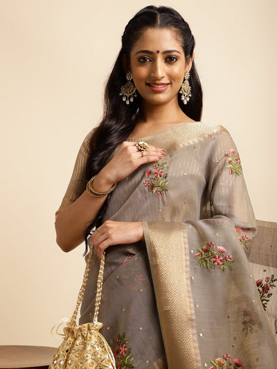 Indyancart GR Women's Kashmira Grey Cotton Silk Saree
