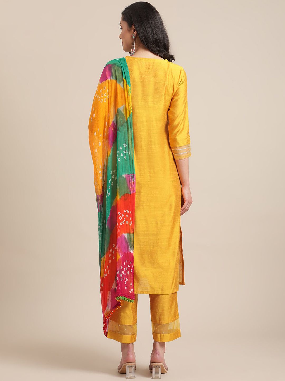 Indyancart VA Women's Mustard Yellow Floral Embroidered Empire Thread Work Kurta with Trousers & With Dupatta