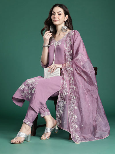 Dhiyona IE Floral Embroidered Thread Work Kurta with Trousers & With Dupatta