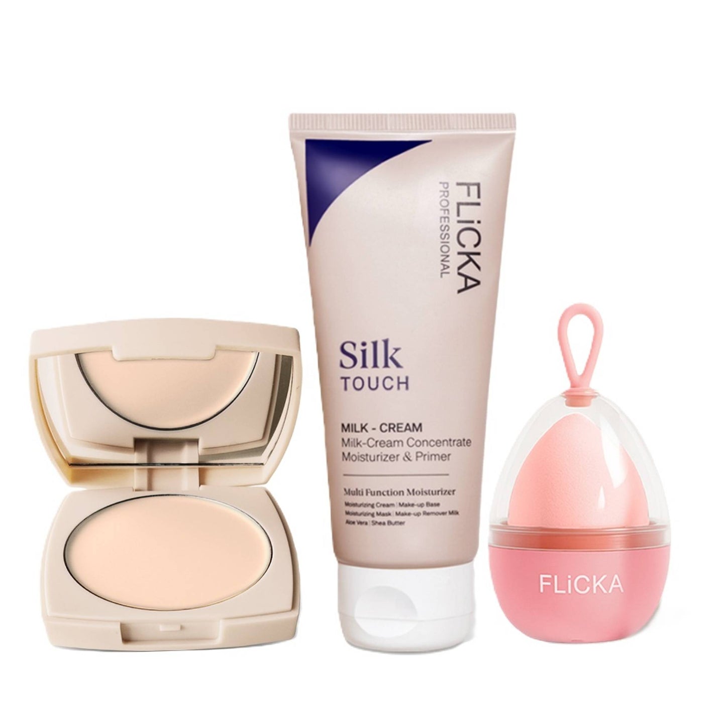 FLiCKA Combo Base Story Cream Foundation Ivory + Silk Touch Primer + Beauty Blender Sponge w/Case