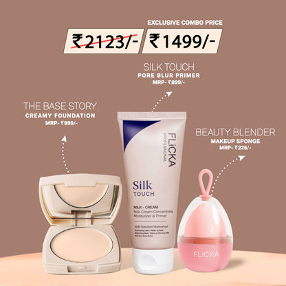 FLiCKA Combo Base Story Cream Foundation Coffee + Silk Touch Primer + Beauty Blender Sponge w/Case