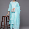 Dhiyona IE Women Turquoise Blue Floral Embroidered Thread Work Kurta with Trousers & With Dupatta
